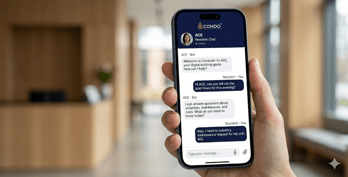 ACE resident chat on a smartphone in a building lobby, answering a resident question in seconds