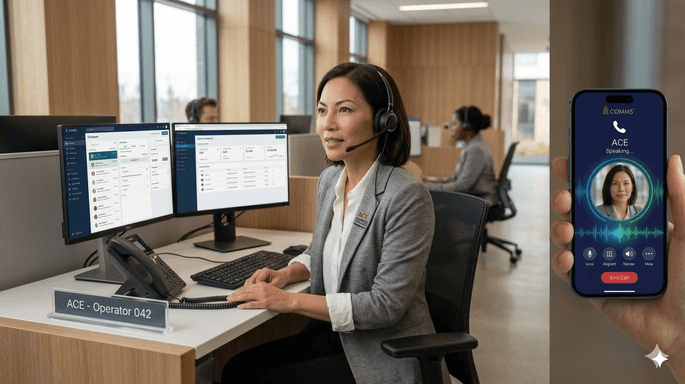 Property manager at front desk wearing headset, dual monitors showing ACE dashboard, with mobile phone showing ACE voice call interface