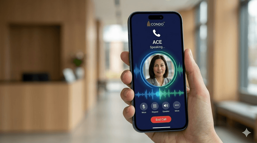 ACE voice call interface on smartphone showing the assistant taking a call from a building resident