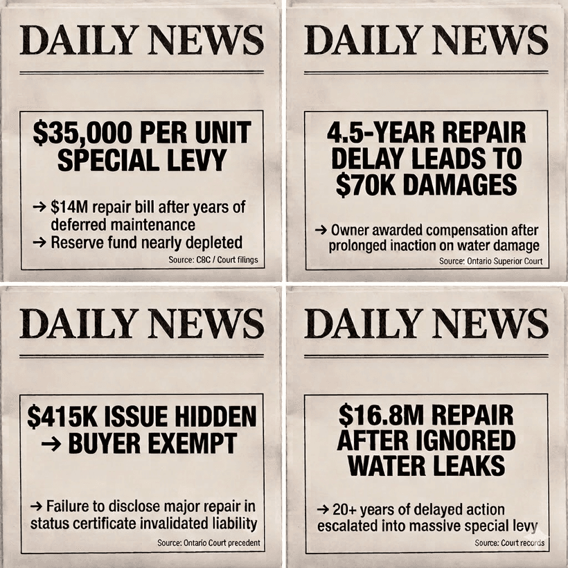 Condominium news headlines reporting real damages: $35,000 per unit special levy, 4.5-year repair delay leading to $70K damages, $415K issue hidden from buyer, $16.8M repair after ignored water leaks