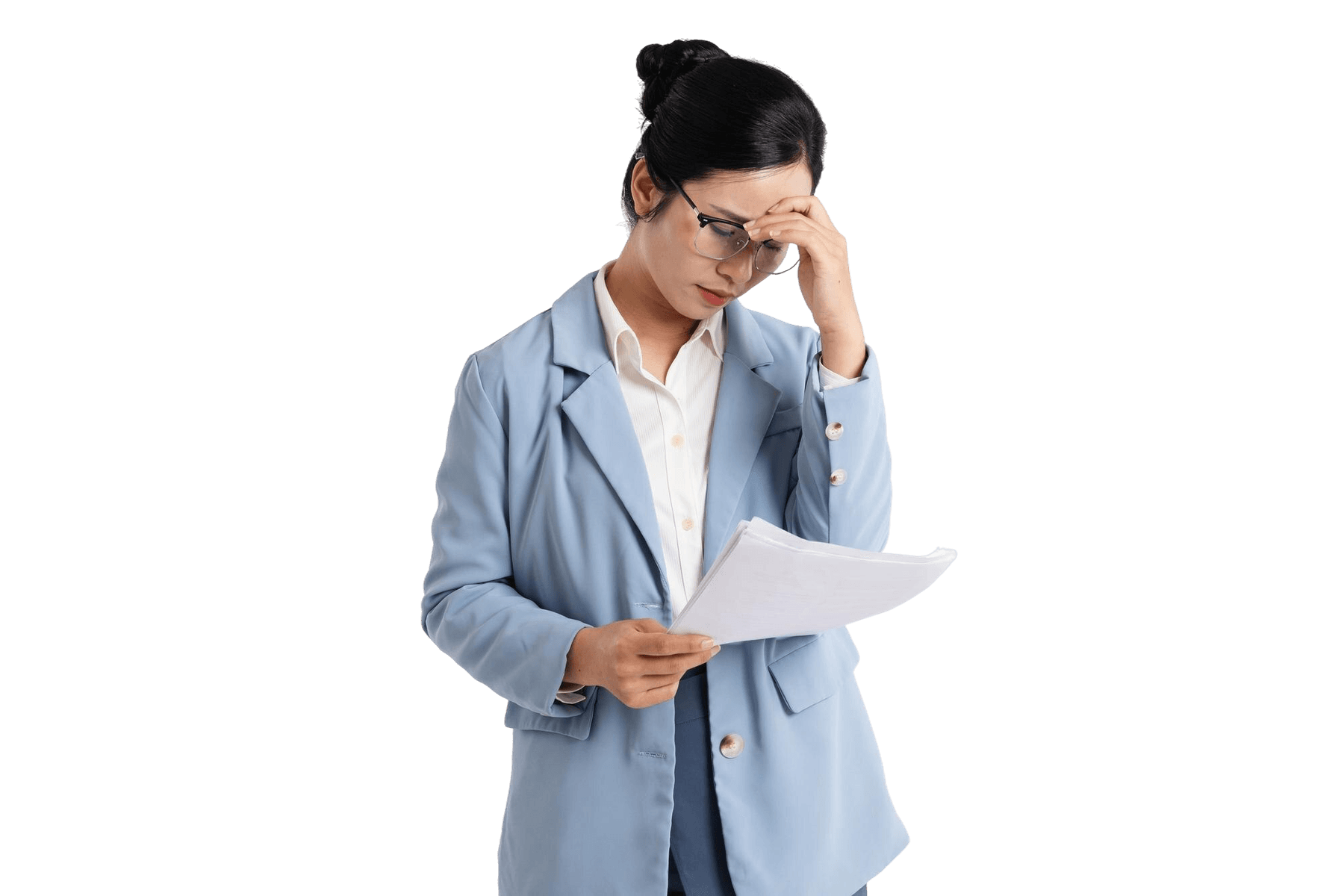 An overwhelmed condo property manager reviewing paperwork