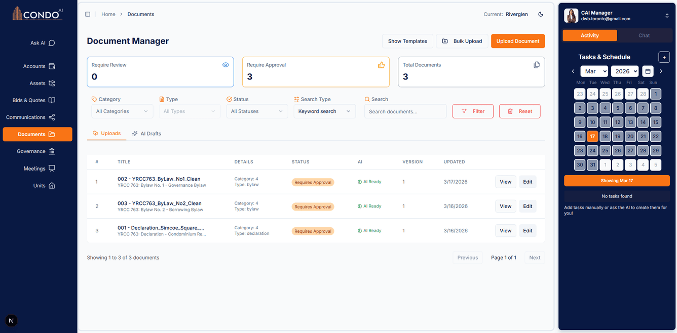 Condo AI Document Manager — bylaws and declarations auto-classified and AI-ready